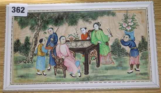 A Chinese gouache on silk painting of figures in a garden, 12 x 22cm